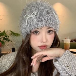 DRESSPLUS Korean Style Pearls Bow Woolen Hat Y2K Colorful Brimless Beanie Cap Fashion Soft Knitted Pullover Hat Winter
