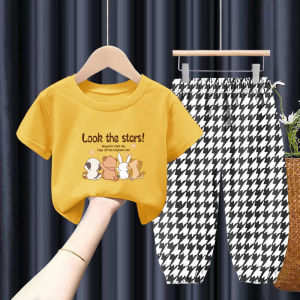 ชุดเซ็ทเสื้อยืดกางเกงขายาวเด็ก (อายุ3-10ปี) ใส่ได้ทั้งเด็กชาย และ เด็กหญิง ลายการ์ตูนสุดน่ารัก ไซส์100-140 cm. ผ้ายืดหยุ่น กางเกงเอวจ้ำ