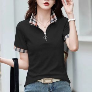 European Station Polo Collar Checkered Short sleeved T-shirt Womens Summer New Fashion Light Luxury Loose Pure Cotton Top2026