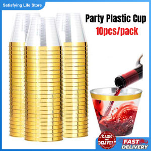 10pcs Disposable Cup Gold Silver Rimmed Transparent Tableware Wedding Birthday Party Plastic Cup