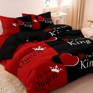 Dark Red And Black Three-Piece Bedding Set with Queen & King Size Featuring Printed English Letters on The Duvet Cover