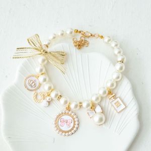 OUTOPEN Fashion Sweet Rhinestone Dog Chain Pearl Princess Bow Collar Necklace Pet  Collars Cat Jewelry