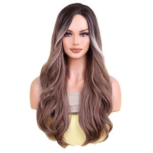 2024 European and American hot-selling wigs female natural medium brown highlights long curly hair European and American wind big wave headgear