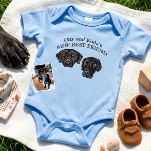 Customized embroidered bodysuits withportrait andface "New Best Friend" baby bodysuit "Coming Soon" baby set gift for dog-loving parents.