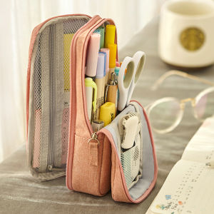 1pc Pen Bag Pencil Case Two Layer Foldable Stand Fabric Phone Holder Storage Pouch for Stationery Office School