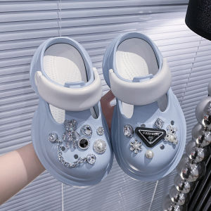 [Free Shipping] Summer New Rhinestone Chain Outer Wear Height-Increasing Shoes WomenS Thick-Soled Clogs Pearl Toe-Cap Half Slippers