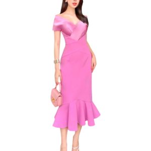 P024-015 PIMNADACLOSET - Off Shoulder Sleeveless Solid Satin Criss Cross Midi Dress