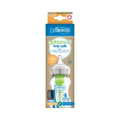 Dr. Brown’s™ Anti-Colic Options+™ Wide-Neck Glass Baby Bottle with Level 1 Nipple/Teat