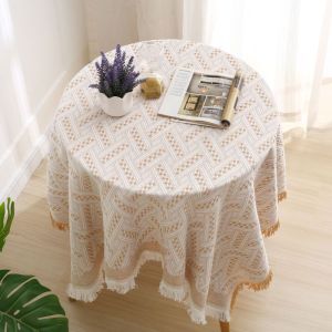Table Cloth Round Shape Nordic Style Tassel Tablecloths Cotton Linen Weave Dust-Proof Table Cover for Coffee Table【On Sale】