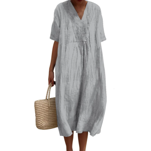 Women Summer Lobster Floral Print V Neck Flared Midi Long Dress Short Sleeve Casual Loose Dresses Robes with Pockets