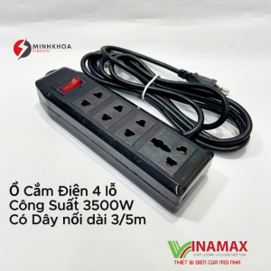 Ổ Cắm Điện 4 Lỗ Cắm Có Dây Kéo Dài Có Công Tắc 2500W Vinamax - Chống Vỡ Chống Cháy