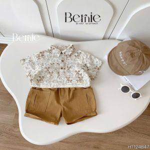 Set sơ mi đũi ngắn tay in tràn hoạt hình nâu kèm quần short kaki cho bé từ 9kg tới 28kg BERNIE H1124B47