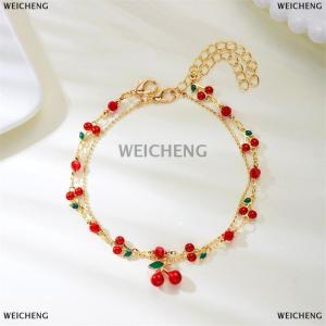 [COD] WEICHENG Cute Sweet Red Cherry Chain Bracelet Necklace Anklets For Women Vintage Fruit Jewelry Wedding Party Gift