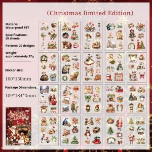 Oldlaiben Christmas Sticker Book 20 Sheets Kids PET Sticker DIY Vintage Santa Claus Scenic Sticker Kreatif Cetakan