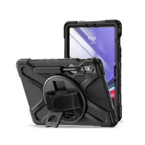 Samsung Tab S9 FE 10.9 inch 2023 ( X510 X516B ) Wifi 5G Armor X-Shape Rugged Case Hybrid Protective Casing Rotate Hardcase Hand Strap Stand Cover Pelindung Shockproof Tahan Banting Rotating Cesing Putar