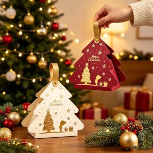 K9SEQ 5pcs Cardboard Candy Gift Box Triangle Shape Carry Handle Party Favor Box  Christmas Tree Holiday Gift Packaging For Christmas Party