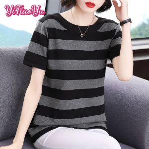 Yitiaoyu Womens Short-sleeved T-shirt Loose Striped T-shirt Top