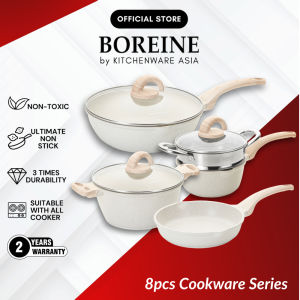 BOREINE 8pcs Non Stick Granite Cookware Set Kuali Periuk Batu Granite Original Combo Set Frypan Pot