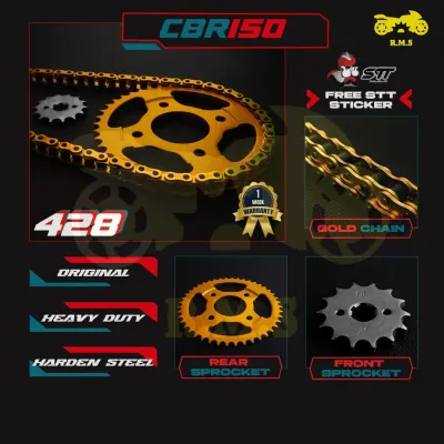 RS RS150 / CBR150 / RSX150 / RS150R (4-Hole) 428 Front and Rear GOLD Sprocket Set with Gold Chain - Heavy Duty Combo Set with Green O-Ring ORING O RING