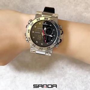 SANDA Mens Digital Military Sports Watches Oringinal Steel/TPU Strap 3 Time Zones 5ATM Waterproof Shockproof Luminous Countdown Timer Stopwatch Alarm Gifts For Teens Student Adults