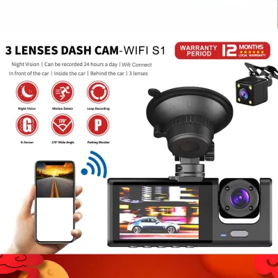 Wifi 24 Hours Record 1080P FHD 3 Camera Dashcam for Car Front + Interior + Back / Rear Dash Cam Night Vision Parking Mode Car DVR Driving video Recorder