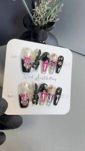 【HANDMADE+Free Glue】Real Photos Press on Nails Super cool style Labubu skull rabbit nails medium trapezoidal Zimomo nails Phototherapy Fake Nail Patch Artificial Nail Reusable