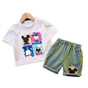 Kualitas Tinggi jas baju T-shirt anak laki laki mode musim panas kartun pendek denim pakaian anak perempuan Gaya Korea fashion stelan anak Baju lengan pendek kaos