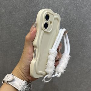 Luxury Wave Hand Wrist Strap Case for iPhone 17 16 15 Pro Max Air 14 Plus 11 12 13 Lanyard Curly Border Soft Shockproof Cover