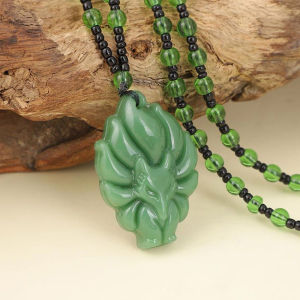 ( Free Rope ) nine tailed fox stone queen fox lucky charm pendant gemstone necklace natural chalcedony King green Nine Tailed Fox pendant mens and womens Necklace Pendant lucky Amulet