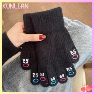 [KUNLIAN] 1 đôi phụ nữ hài hước biểu hiện trên khuôn mặt găng tay dệt kim đầy đủ ngón tay Găng tay mềm Crochet găng tay hoạt hình biểu hiện lái xe găng tay