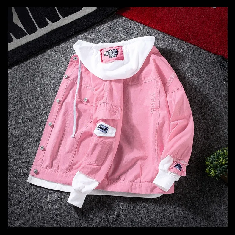 Streetwear Ripped Pink Denim Jacket Plus Size Ripped Denim Jacket