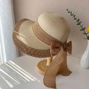 PENGA Portable Straw Weaving Beach Hat Hollow Out Foldable Big Brimmed Woven Cap Equestrian Hat Thin Bucket Hat Summer