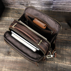 CONTACTS Crazy Horse Leather Men Messenger Bag Vintage Crossbody Shoulder Bags Multifunction Small Handbag for 10.5" iPad