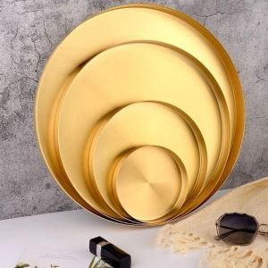 ZYJC ฟลีซ ถาดตกแต่งโลหะ รูปทรงกลม 12.5/20/30ซม. ที่จัดระเบียบถาดแต่งหน้า ของตกแต่งบ้าน ทอง ถาดเก็บของในครัว สำหรับเดสก์ท็อป