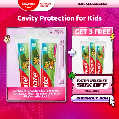 [BUY 3 FREE 3] Colgate Anti-Cavity Kids (2-5 Years) Toothpaste Tiger Strawberry Flavour 40g Value Pack of 6
