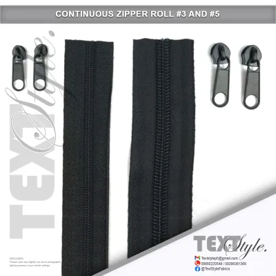 Textstyle Black Nylon Continuous Zipper & Slider #3 & #5 - Sold Per Meter and Per Piece