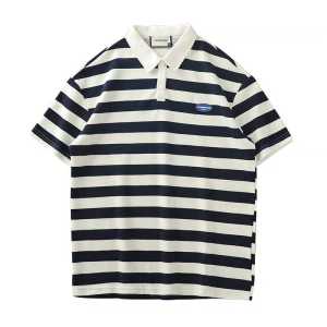 Japanese striped POLO shirt short-sleeved mens piqué cotton breathable loose casual lapel bottoming shirt heavy t-shirt trendy brand