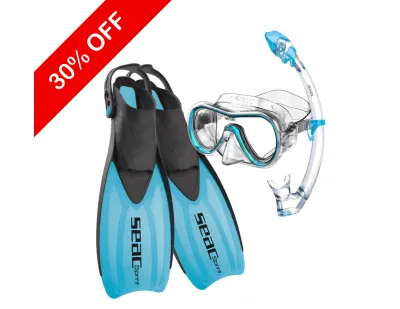 [SEAC Italy] SEAC Tris Sprint Dry ชุดเซ็ตดำน้ำตื้น Full Set หน้ากากซิลิโคน เลนส์กว้าง + ท่อกันน้ำเข้า + ตีนกบปรับสายได้ + กระเป๋าแห้งไว