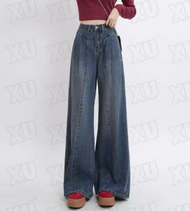 Celana denim longgar biru tua retro Korea baru celana kaki lebar kasual modis