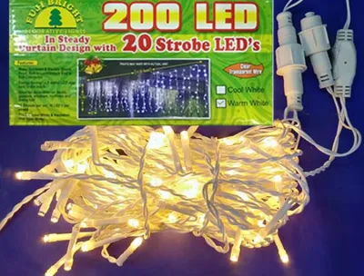 FUJI BRIGHT 200 LED STEADY CURTAIN W/ 20 STROBES & END CONNECTOR CHRISTMAS LIGHTS
