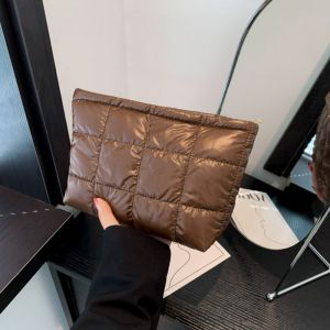 DINAH Cotton Filled Puffer Pouch Large Capacity PU Leather Thick Plaid Clutch Bag Organizer Bag Handbag Puffer Padded Makeup Bag Women