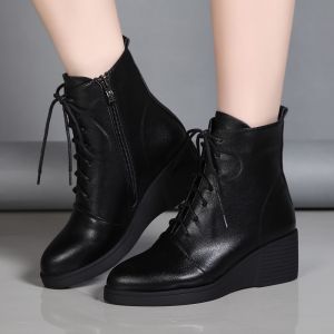Womens Mid-Heel Thick-Soled Wedges Black Pointed High Heel Boots