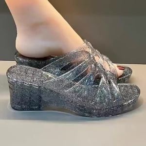 [Free Shipping] Womens New Transparent Sandals Thickened Breathable Sandals for Outdoor Wear Fashionable and Stylish High-Heeled Chunky Heel Crystal Slippers