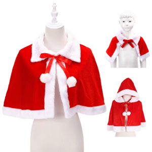 Kid Adult Red Velvet Christmas Santa Cape Costume Miss Santa Fur Collar Short Cloak Shawl with Xmas Hat Red Hooded Shawl