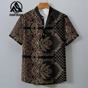 【Oufisun】Vintage For Shirts Mens Ethnic Shirts Oversized V Neck Mens Hawaiian Shirts
