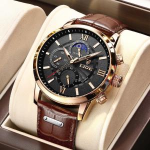 LIGE fashion waterproof watch for men multi function chronograph leather strap sports wrist watch + box