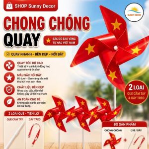 Chong chóng khổng lồ 4 cánh hoạ tiết cờ đỏ sao vàng decor yêu nước 2/9  Cối say gió size cao 140cm trang trí ngoài trời