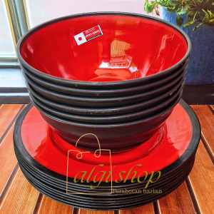 12Pcs Paket Ramen hitam merah isi 6piring bulat ulir campur 6mangkuk bulat ramen terlaris foodgrde