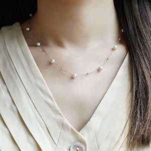 Montagne Jewelry Akoya Pearl Necklace 18k Pure White Gold Necklace For Women Natural Grade A 5-5.5mm White Pearl Necklace Chokers