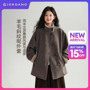 Giordano Women Faux shearling trim stand collar woolen coat Free Shipping 18376516
